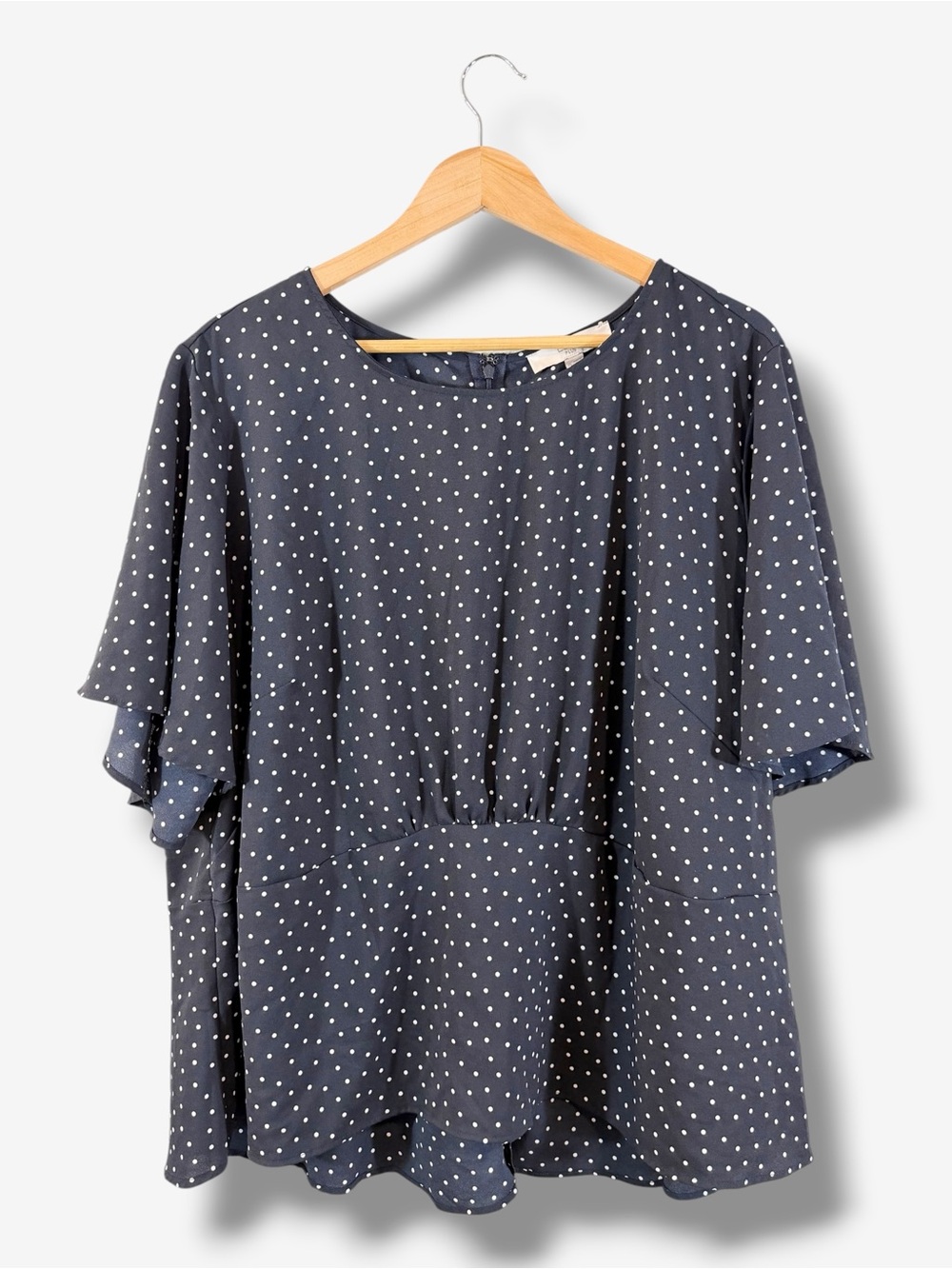LOFT Plus Navy White Polka Dot Flutter Sleeve Peplum Blouse Size 26 Casual